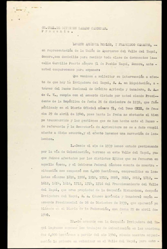 Vida laboral del general Lázaro Cárdenas: Intervención para que La Irrigadora del Yaqui S. A. cumpla con el acuerdo de 1940