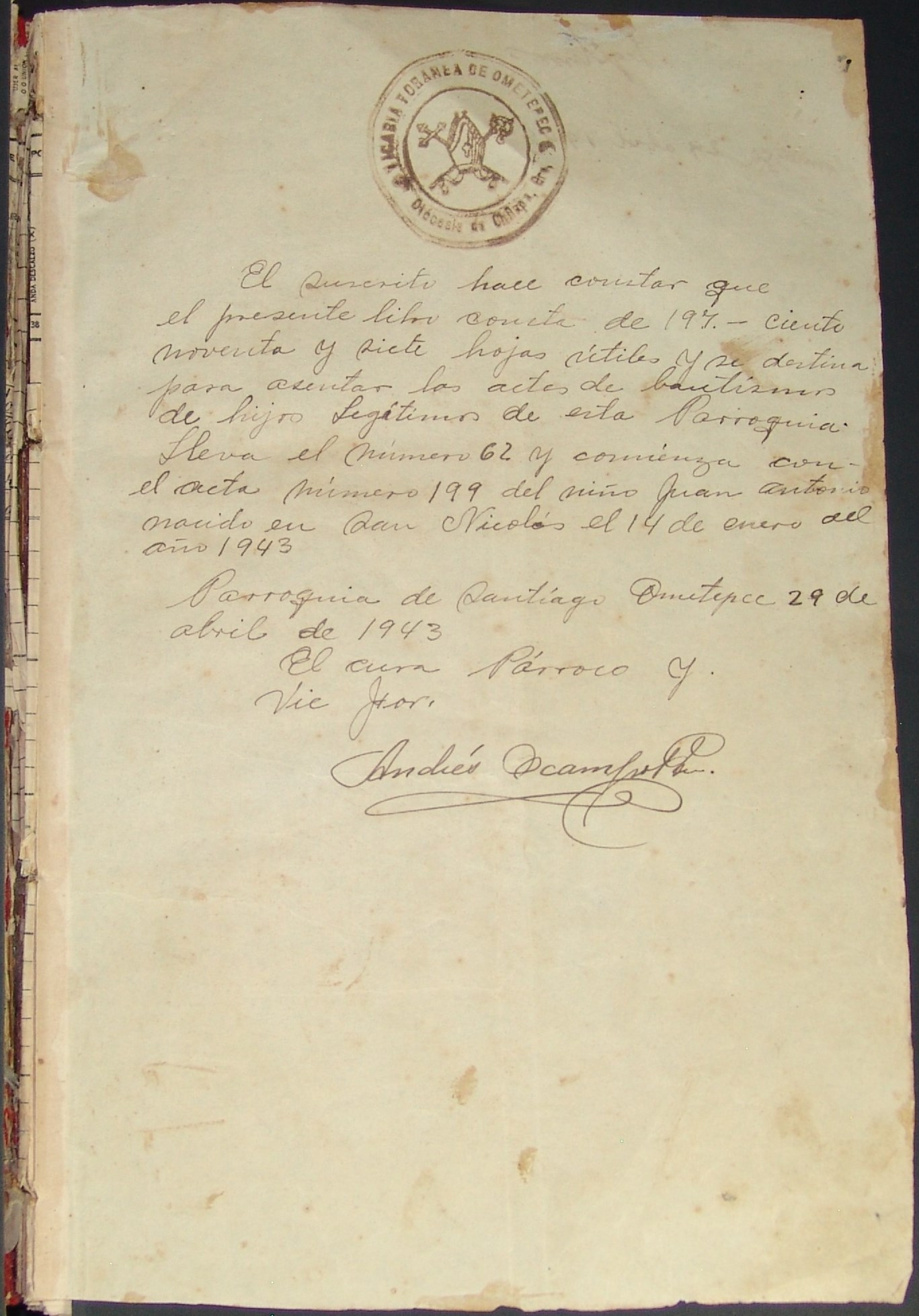 Libro 70. Bautismos de hijos legítimos de la parroquia de Ometepec, 1943-1945. Archivo Parroquial de Santiago Apóstol. Sección Sacramental 