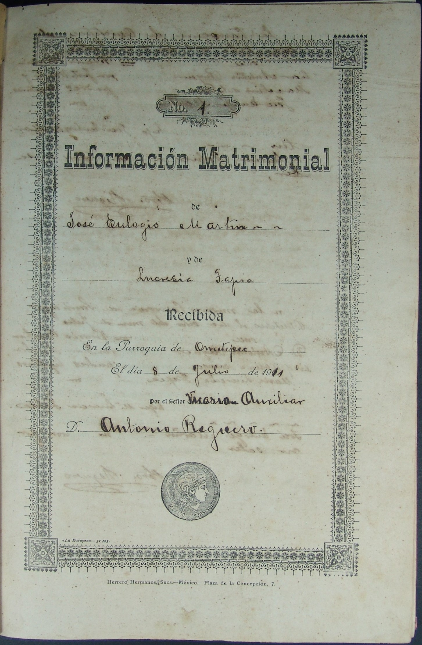 Libro 13. Información matrimonial, 1911-1913. Archivo Parroquial de Santiago Apóstol. Sección Sacramental 