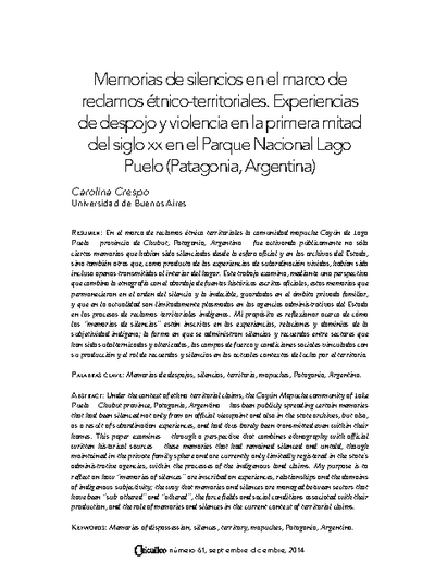 Memorias de silencios en el marco de reclamos étnico-territoriales. Experiencias de despojo y violencia en la primera mitad del siglo XX en el Parque Nacional Lago Puelo (Patagonia, Argentina)