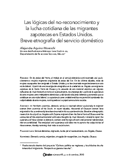 Las lógicas del no-reconocimiento y la lucha cotidiana de las migrantes zapotecas en Estados Unidos. Breve etnografía del servicio doméstico