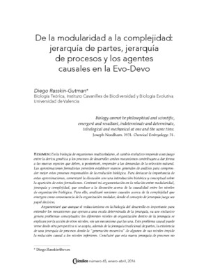 De la modularidad a la complejidad: jerarquía de partes, jerarquía de procesos y los agentes causales en la Evo-Devo