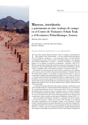 Museos, territorio y patrimonio in situ: trabajo de campo en el Centro de Visitantes Schuk Toak y el Ecomuseo Tehuelibampo, Sonora