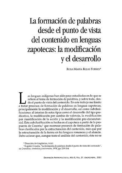 La formación de palabras desde el punto de vista del contenido en lenguas zapotecas: la modificación y el desarrollo