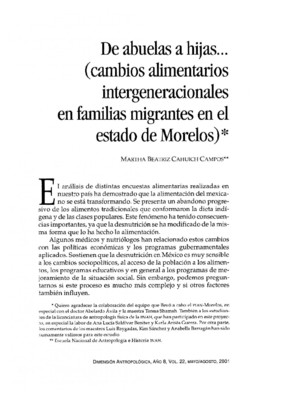 De abuelas a hijas... (cambios alimentarios intergeneracionales en familias migrantes en el estado de Morelos)