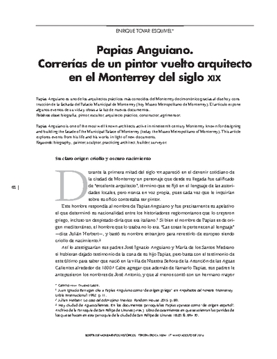 Papias Anguiano. Correrías de un pintor vuelto arquitecto en el Monterrey del siglo XIX