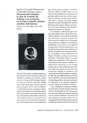 Ignacio Guzmán Betancourt y Eréndira Nansen (eds.), Memoria del coloquio: la obra de Antonio de Nebrija y su recepción  en la Nueva España. Quince estudios nebrisenses,  México, INAH (Científica, 353). 1997, 209 pp.
