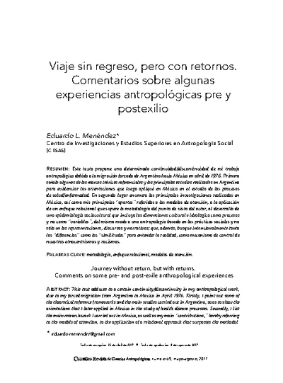 Viaje sin regreso, pero con retornos. Comentarios sobre algunas experiencias antropológicas pre y postexilio