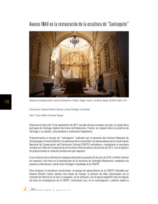 Avanza INAH en la restauración de la escultura de “Santiaguito”