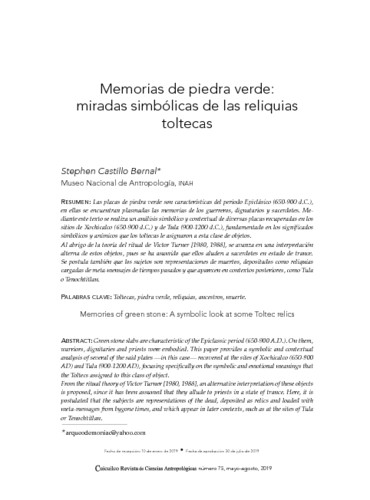Memorias de piedra verde: miradas simbólicas de las reliquias toltecas