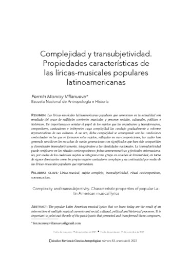 Complejidad y transubjetividad. Propiedades características de las líricas-musicales populares latinoamericanas