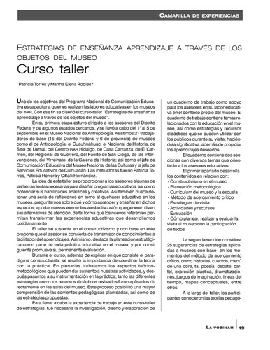 Camarilla de experiencias. Estrategias de enseñanza aprendizaje a través de los objetos del museo. Curso taller
