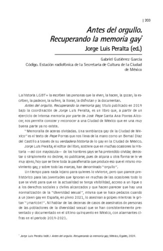 Antes del orgullo. Recuperando la memoria gay. Jorge Luis Peralta (ed.)