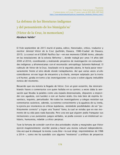 La defensa de las literaturas indígenas y del pensamiento de los binnigula’sa’. (Víctor de la Cruz, in memoriam)