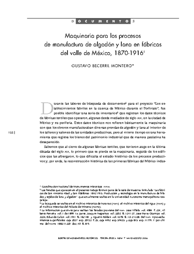 Maquinaria para los procesos de manufactura de algodón y lana en fábricas del valle de México, 1870-1916