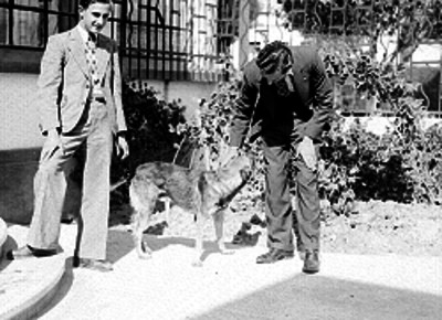 Individuo de clase alta acariciando a un perro en una casa