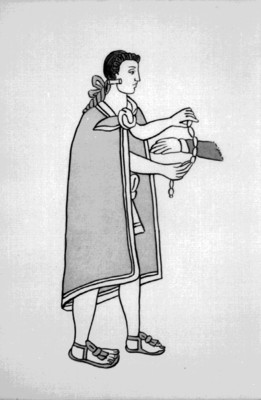 Tlaxcalteca pone una pulsera de piedras a Cortés, página 95 del libro Indumentaria Antigua Mexicana