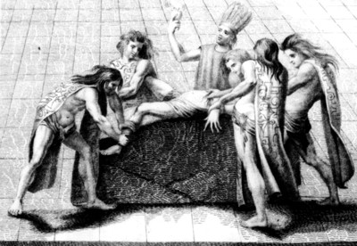 Grabado del Libro Historia Antigua de México, de Clavijero, sacrificio ordinario
