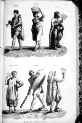 Grabado del libro Historia Antigua de México de Clavijero, trajes mexicanos