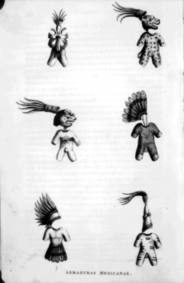 Grabado del libro Historia Antigua de México de Clavijero, armaduras mexicanas