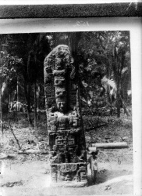 Hombre junto a estela con relieves antropomorfos y zoomorfos