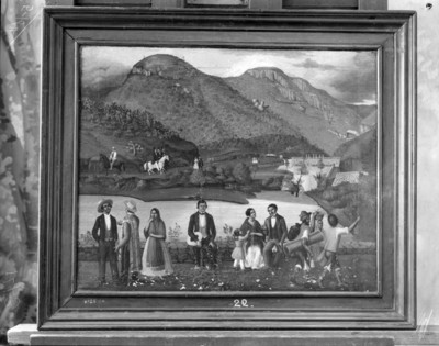 Litografía de un paseo de familias en la Presa de la Olla, Guanajuato