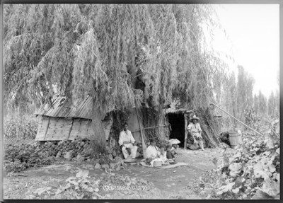 Familia indígena junto a un jacal en Xochimilco, retrato de grupo