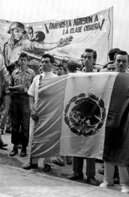 Estudiantes con una bandera durante una manifestación