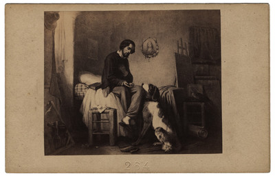 Pintura con la escena de un hombre y su perro, reprografía
