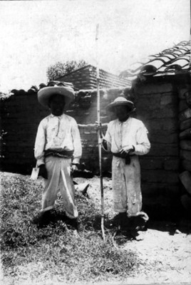 Hombres indígenas limpiando frijol