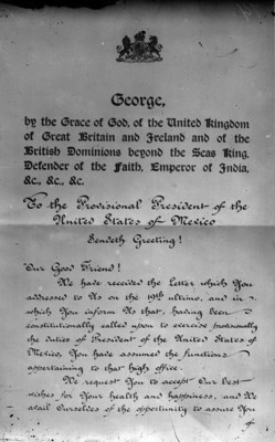 Carta de reconocimiento por parte del gobierno inglés al gobierno de Victoriano Huerta