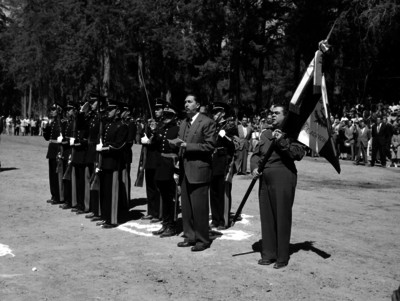 Miguel Alemán Valdés pronuncia unas palabras en la inauguración de cursos de la escuela de Chapingo