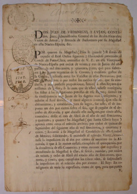 Para que la Justicia del Partido del Real y Minas de Taxco, [...] publique por bando en toda su jurisdicción el real orden de su Majestad, para el cobro del dos por ciento de las alcabalas, aun después de pasado los cinco años de su primera imposición, y 