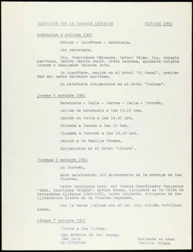 Vida laboral del general Lázaro Cárdenas: Itinerario de viajes de enero a octubre 1961