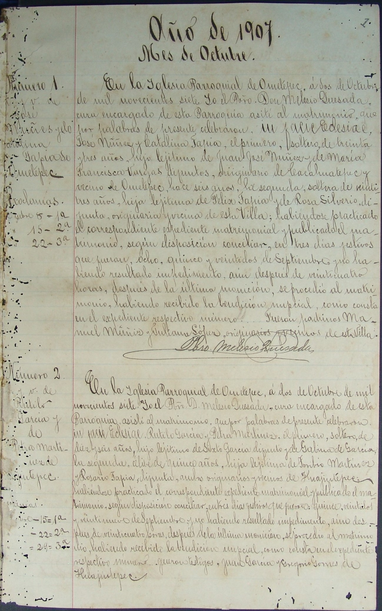 Libro 9. Matrimonios, 1907-1909. Archivo Parroquial de Santiago Apóstol. Sección Sacramental 