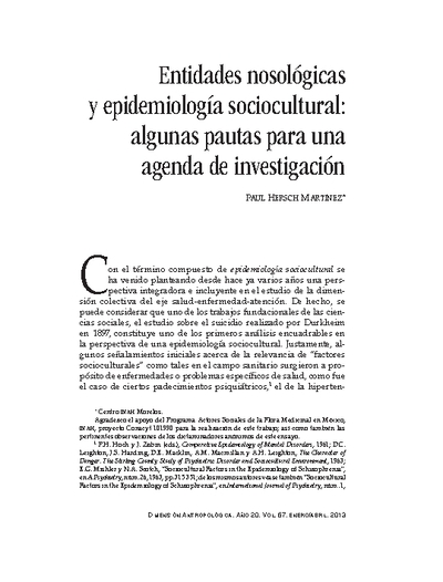 Entidades nosológicas y epidemiología sociocultural: algunas pautas para una agenda de investigación
