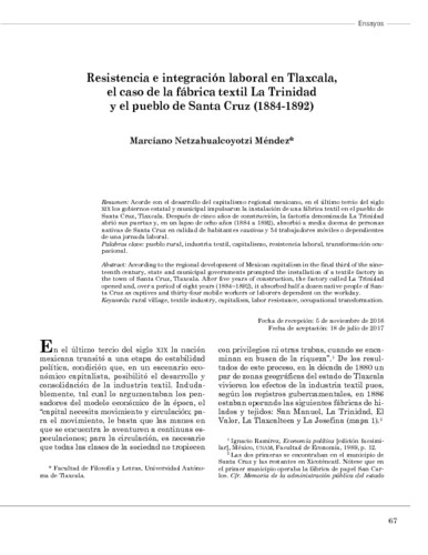 Resistencia e integración laboral en Tlaxcala, el caso de la fábrica textil La Trinidad y el pueblo de Santa Cruz (1884-1892)