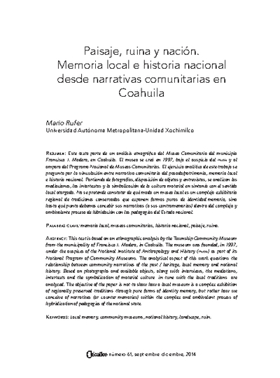 Paisaje, ruina y nación. Memoria local e historia nacional desde narrativas comunitarias en Coahuila