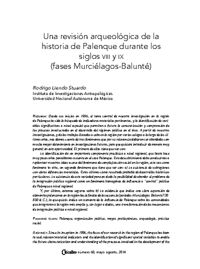 Una revisión arqueológica de la historia de Palenque durante los siglos VIII y IX (fases Murciélagos-Balunté)