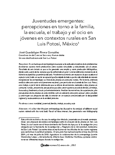 Juventudes emergentes: percepciones en torno a la familia, la escuela, el trabajo y el ocio en jóvenes en contextos rurales en San Luis Potosí, México