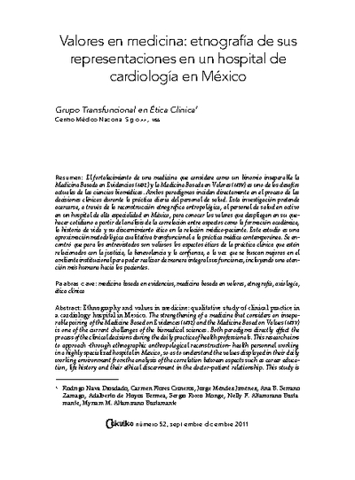 Valores en medicina: etnografía de sus representaciones en un hospital de cardiología en México