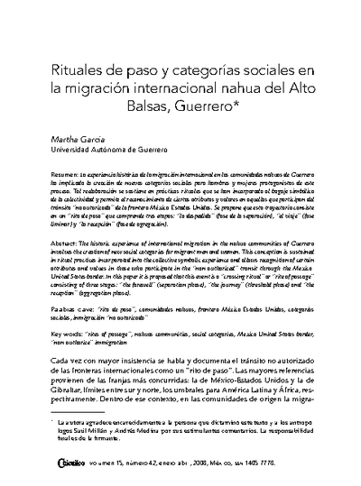 Rituales de paso y categorías sociales en la migración internacional nahua del Alto Balsas, Guerrero