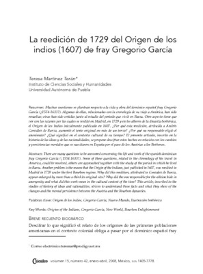 La reedición de 1729 del Origen de los indios (1607) de fray Gregorio García