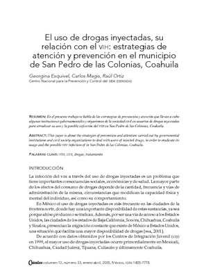 El uso de drogas inyectadas, su relación con el VIH: estrategias de atención y prevención en el municipio de San Pedro de las Colonias, Coahuila