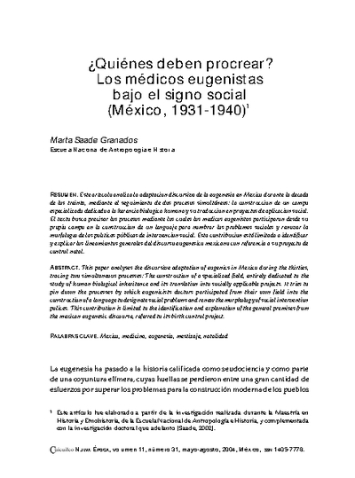 ¿Quiénes deben procrear? Los médicos eugenistas bajo el signo social (México, 1931-1940).