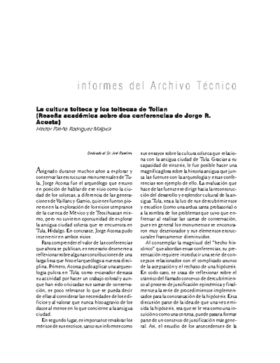 La cultura tolteca y los toltecas de Tollan (Reseña académica sobre dos conferencias de Jorge R. Acosta)