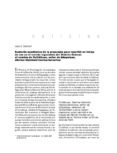 Sustento académico de la propuesta para inscribir en letras de oro en el recinto legislativo del Distrito Federal el nombre de Cuitláhuac, señor de Iztapalapa, décimo tlatohani mexica-tenochca