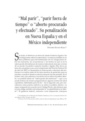 “Mal parir”, “parir fuera de tiempo” o “aborto procurado y efectuado”. Su penalización en Nueva España y en el México independiente