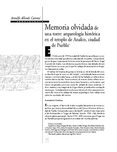 Memoria olvidada de una torre: arqueología histórica en el templo de Analco, ciudad de Puebla