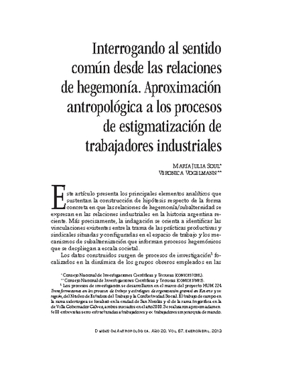 Interrogando al sentido común desde las relaciones de hegemonía. Aproximación antropológica a los procesos de estigmatización de trabajadores industriales